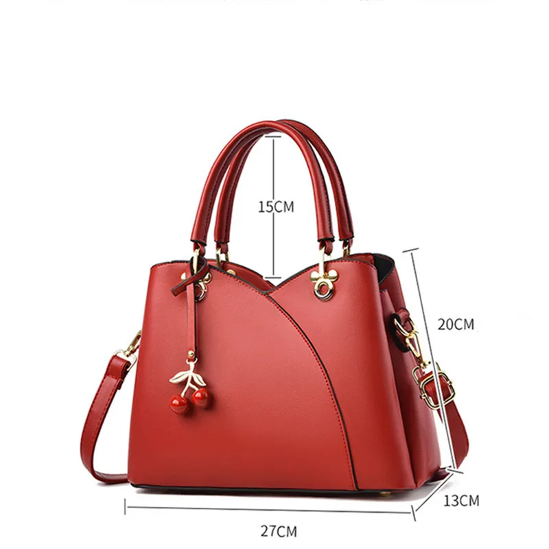 Cherry pendant PU Leather Large Capacity Woman Handbag Grid Shoulder Bag Fashion Casual Luxury Designer Patchwork Crossbody Pack