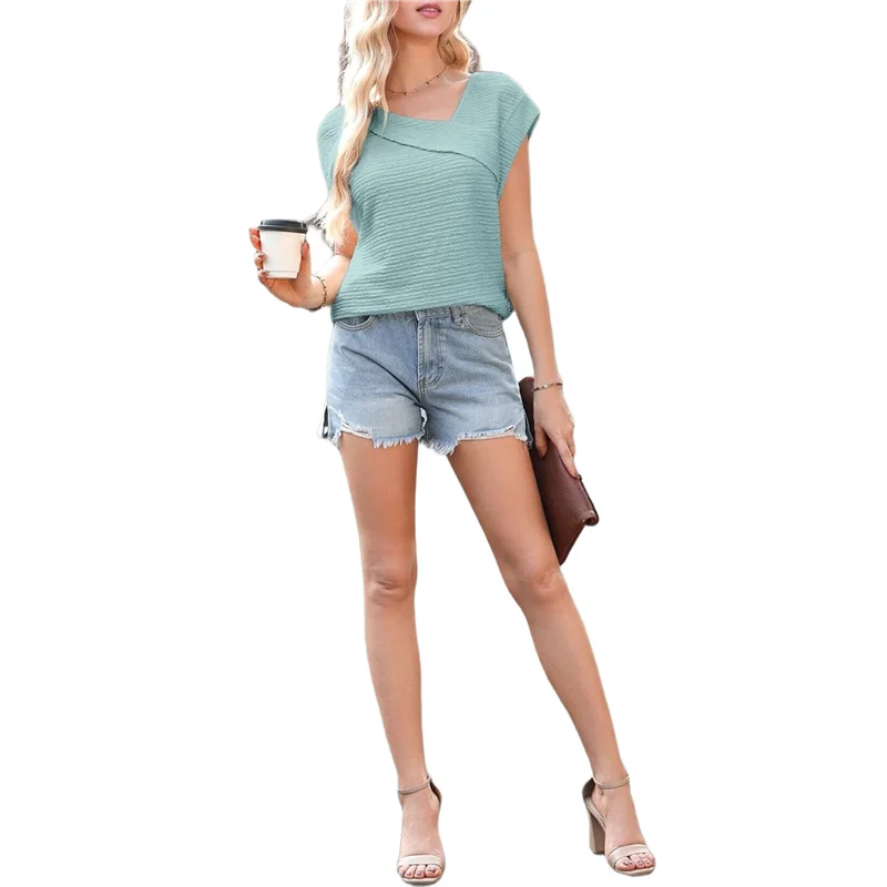 

ABRT-Womens Tops Dressy Casual Cap Sleeve Asymmetrical V Neck Work Shirts Blouses