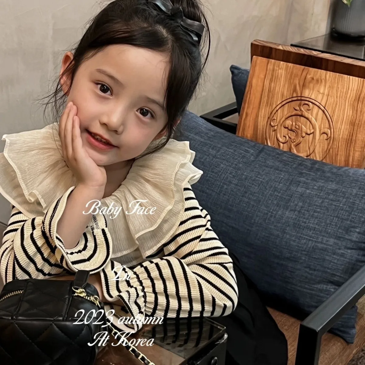 Girls' base shirt Spring and Autumn new style children's lotus leaf collar casual striped long sleeved shirt