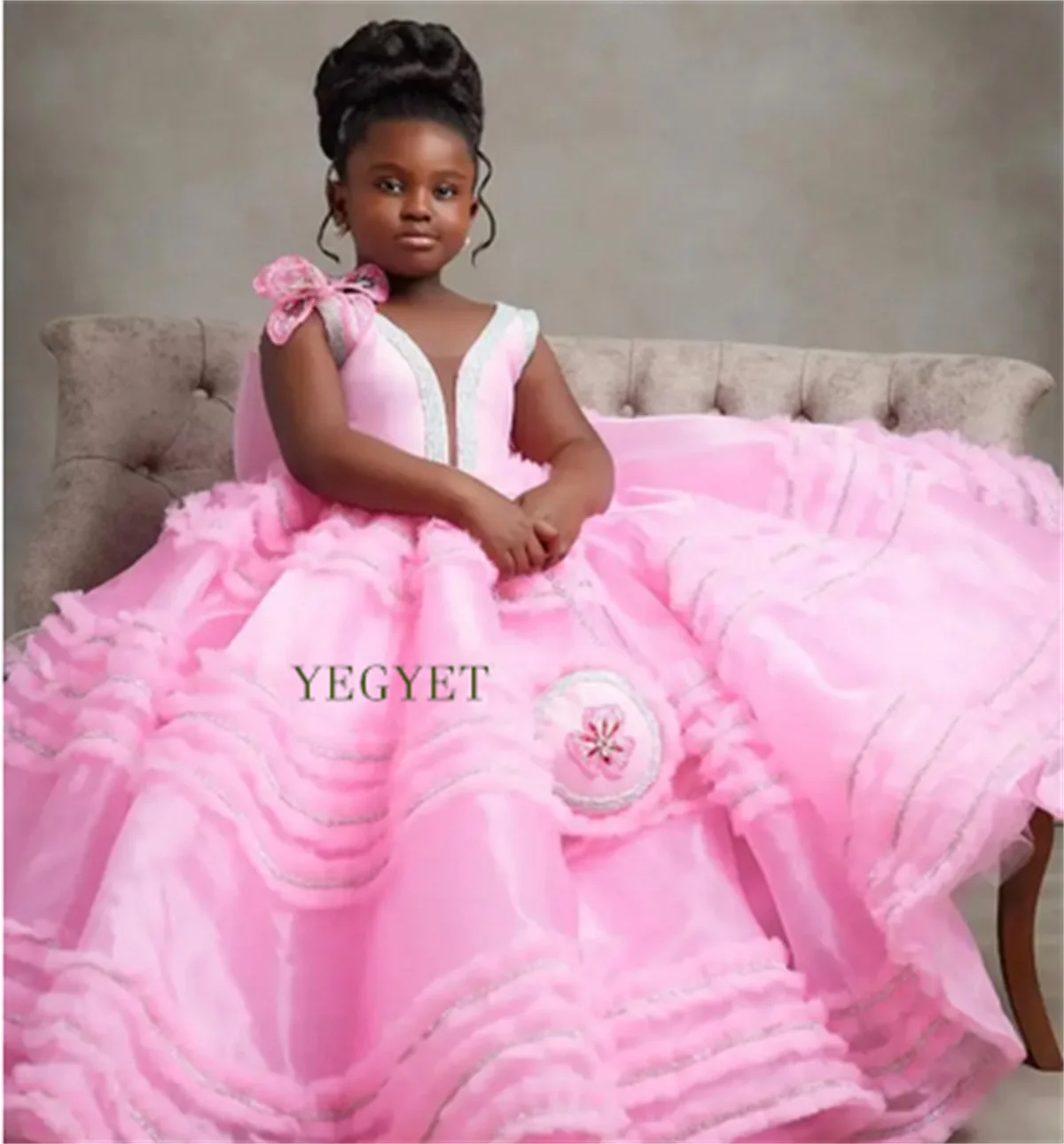 

Pink Floral Girls Pageant Dress Tiered Flower Girls Dresses for Wedding Kids Ruffles Party Birthday Gowns Photoshoot 1-14T