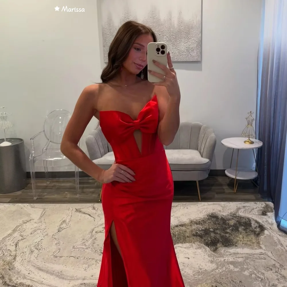 فساتين سهرة بأكتاف مكشوفة بفتحة جانبية من ماريسا للمناسبات الخاصة، ذيل السمكة، تنظيف الأرضيات الطويلة، مصنوعة حسب الطلب، فيونكة حمراء للحفلات الراقصة