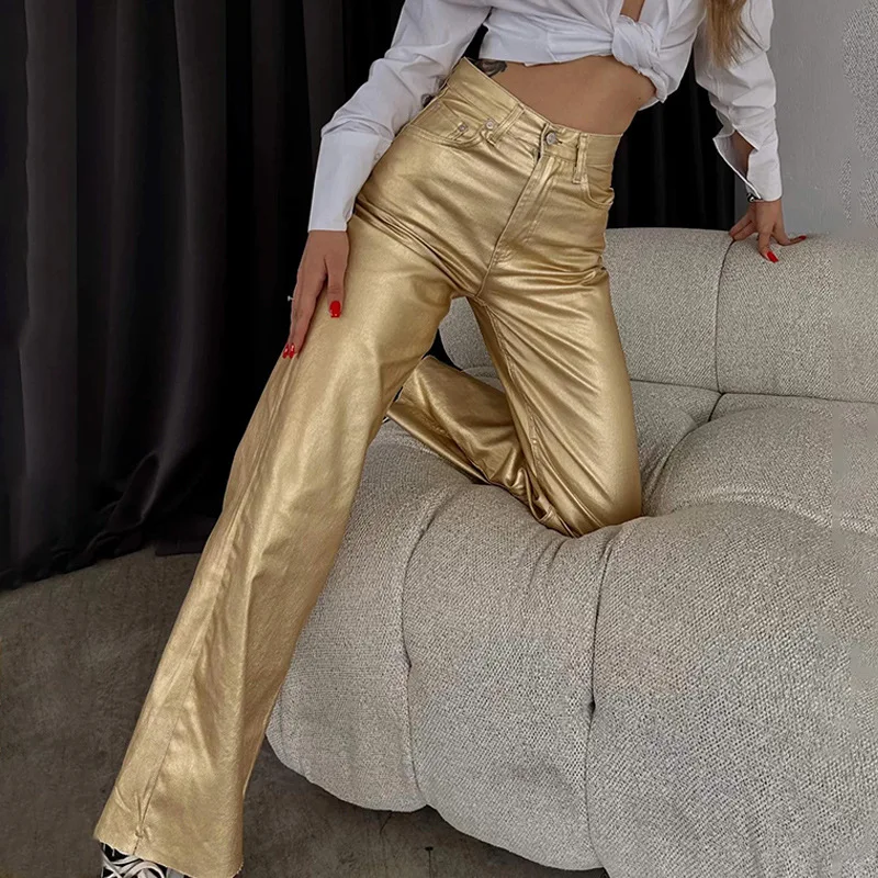 

Vintage Straight Tube Gold Silver Pants Women's High Waist Strap Pants Pockets Elegant Casual Loose Fit Women's Shiny Pants