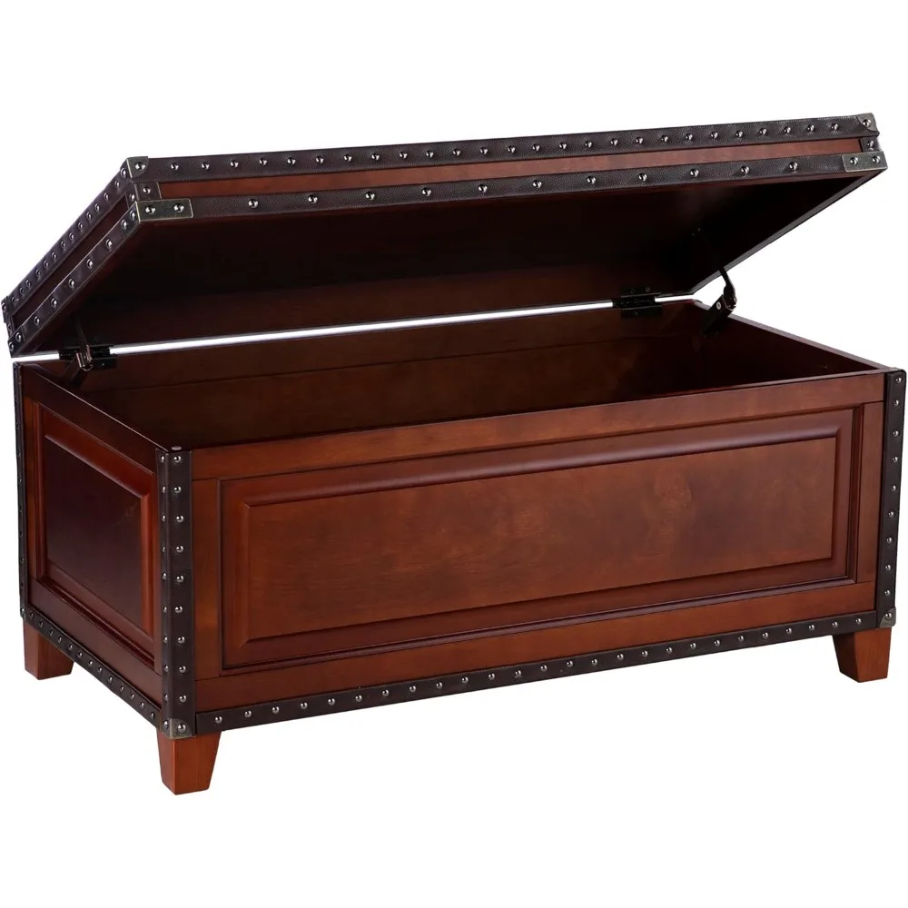 طاولة قهوة Amherst Trunk مع جلد صناعي وحواف رأس الأظافر، كرز داكن/اسبريسو/برونز عتيق
