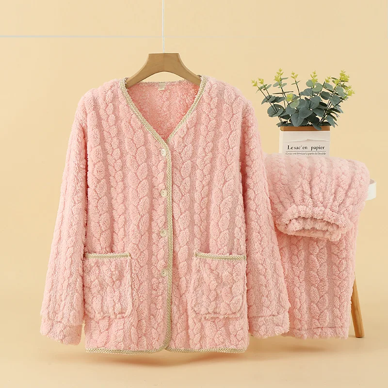 Conjunto de pijama feminino, Flanela, Grosso, Quente, Bonito, Calças de manga comprida, 2 peças Coral Fleece, Roupas de casa, Outono, Inverno, Novo, 2023