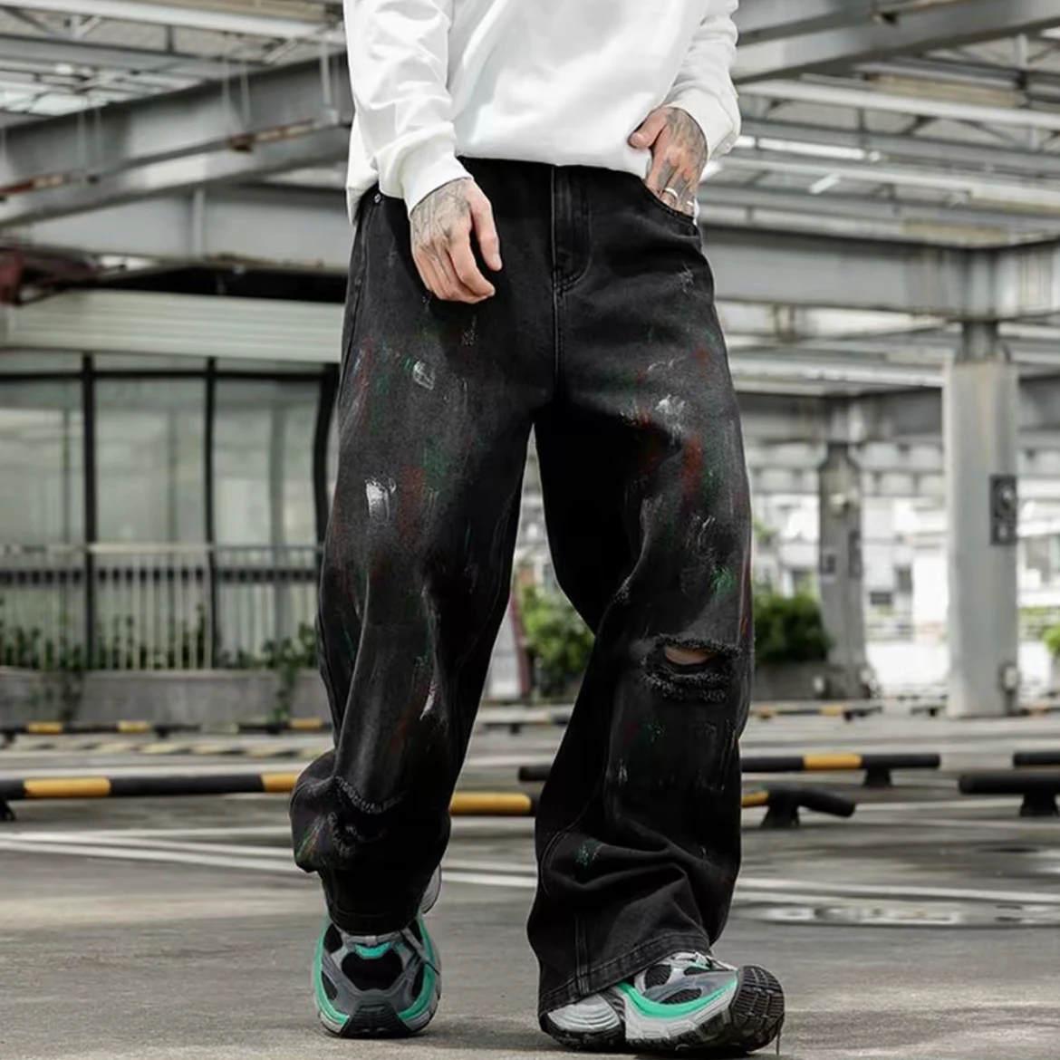 Calças Jeans Retro Estilo Graffiti Lavadas, Largas e Casuais, para Homens e Mulheres, Verão, Cintura Média, com Zíper