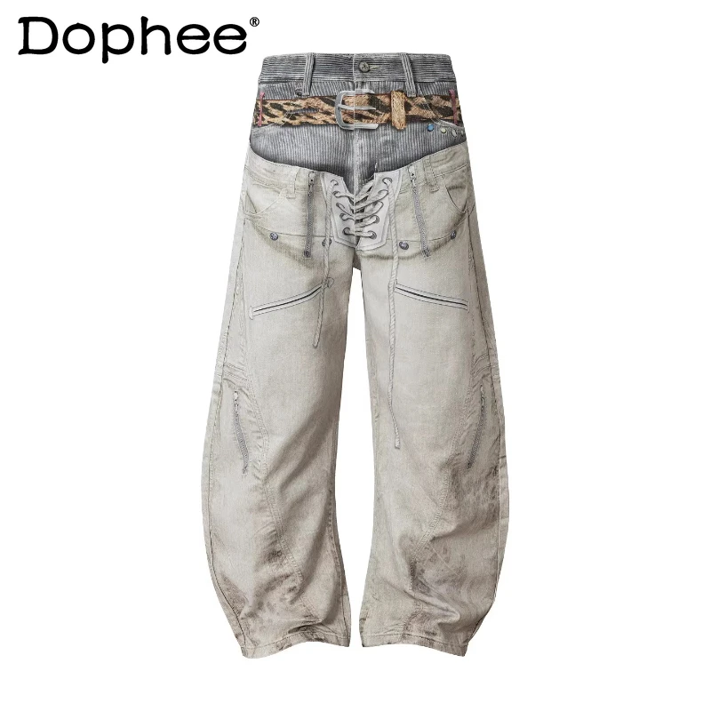 

Fashion Leopard Print Wide-leg Jeans Men's 2026 Summer Straight Curved Design Denim Pants Male Handsome Trendy Denim Trousers