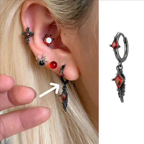 Gothic Black Feather Drop Earrings for Men Women Punk Red Zircon Geometric Personality Ear Buckle Earrings Y2K Jewelry Gifts