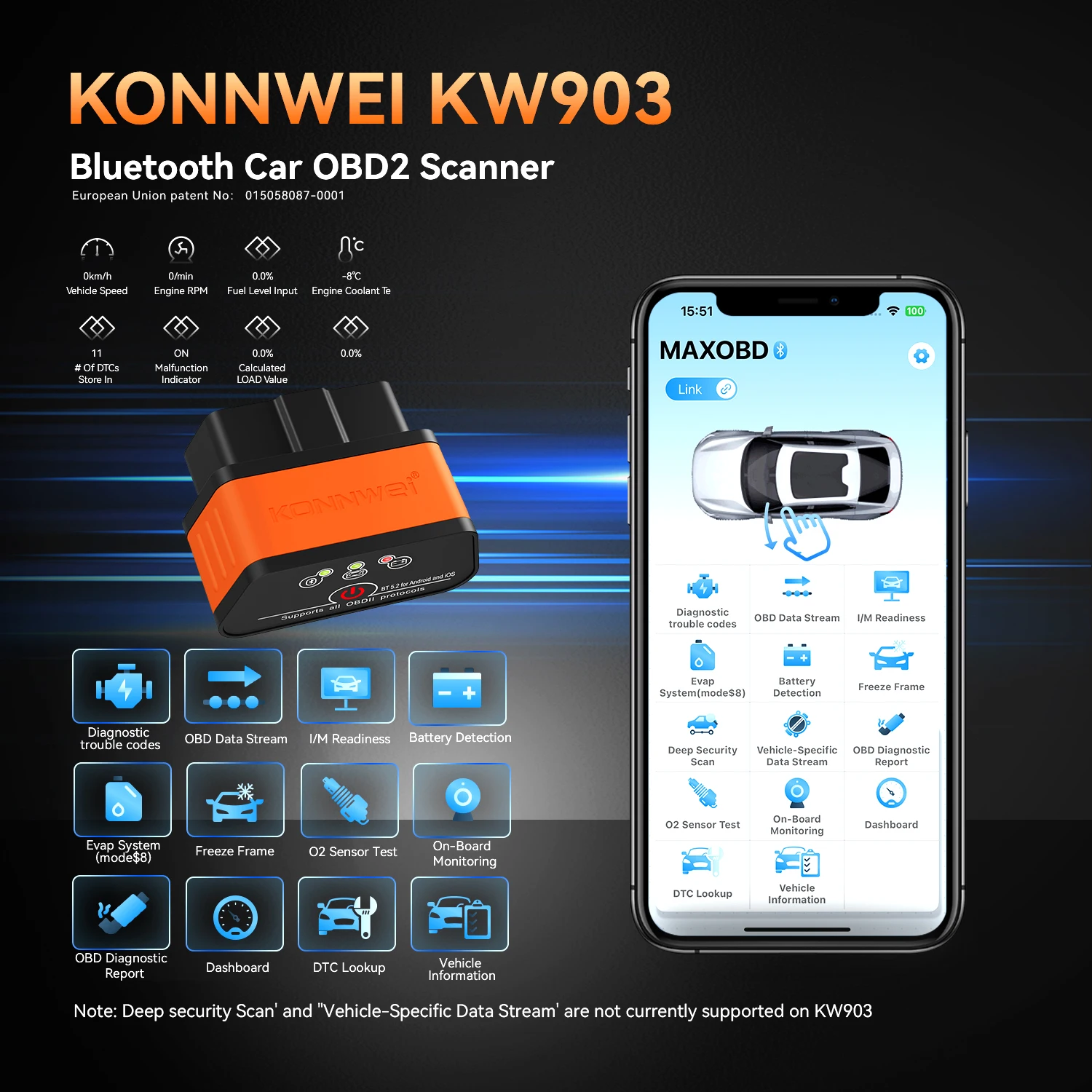 KONNWEI KW903 Bluetooth OBD2 Scanner, Car Diagnostic Tool Code Reader for iOS & Android, Check Engine Light Fault Reader