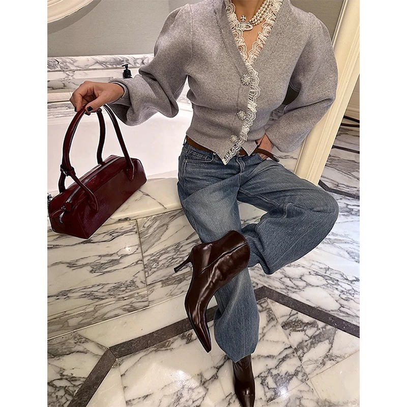 خمر سترة مشغولة من الصوف الأحمر المرأة اقتصاص الدانتيل سترة سوداء ملابس خارجية أنيقة الكورية الخامس الرقبة تريكو الشتاء تصميم لاعبا