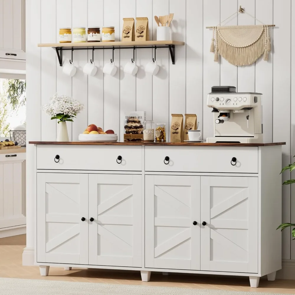 Buffet Cabinet with Storage, 55”Large Coffee Bar Cabinet with 2 Drawers and 4 Barn Doors, Adjustable Shelf, Living Room, White