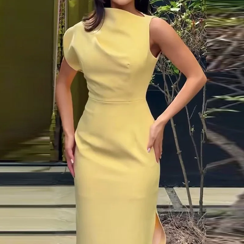 Elegant Office Lady Solid Straight Party Dress Spring Crew Neck Hollow Side Split Boho Dress Women Slim Bodycon Hips Dress Mujer