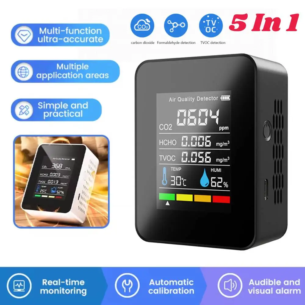 

5-in-1 Air Quality Monitor Air Quality Detector USB Charging Indoor Air Quality Meter Formaldehyde Monitor for Indoor Outdoor