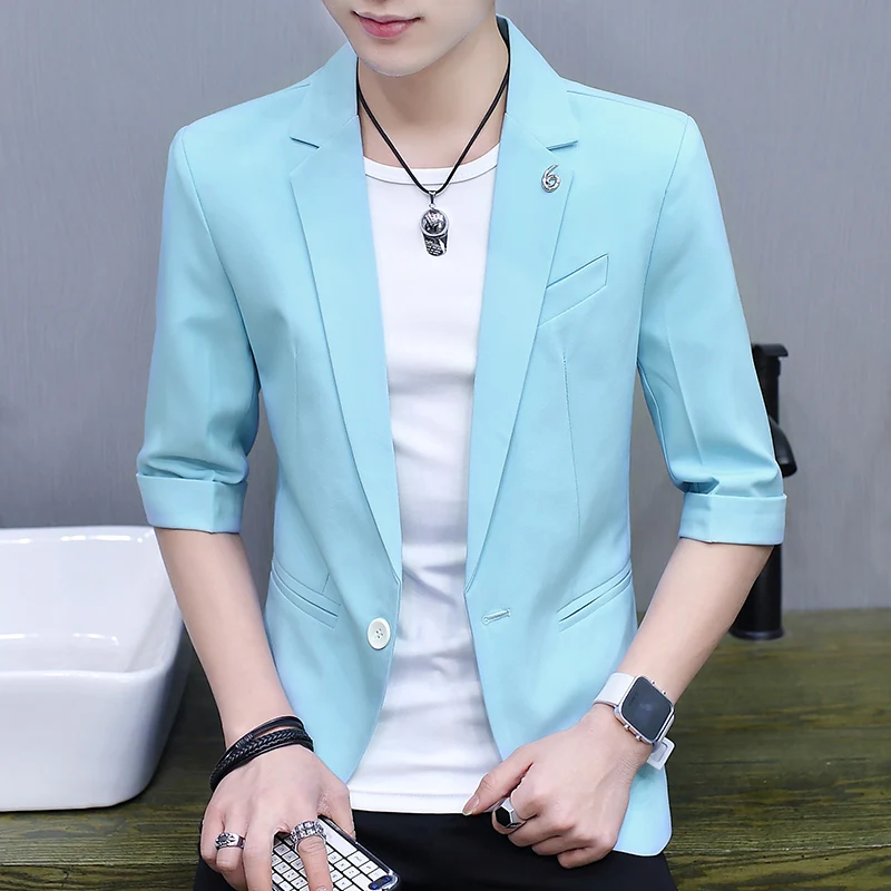 

Летний тонкий мужской костюм-двойка с укороченным рукавом, модный, повседневный, однотонный, из полиэстера