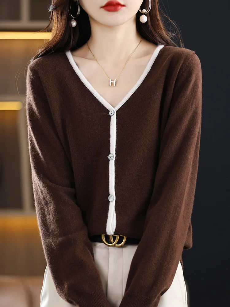 100% Pure Merino Wool Cardigan Women Sweater V-neck Long Sleeve Color matching Knitwear Coat Spring Fall Fashion Women Clothes
