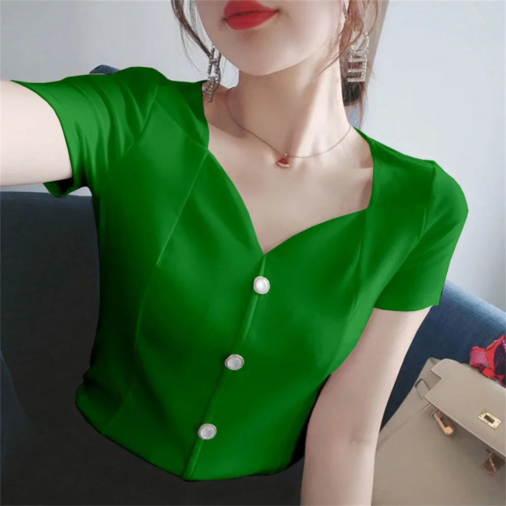Womens Tops And Blouses Summer Short Sleeve Blouse Women Blusas Mujer De Moda 2025 Turtleneck Knitted Blouse Shirt Tops