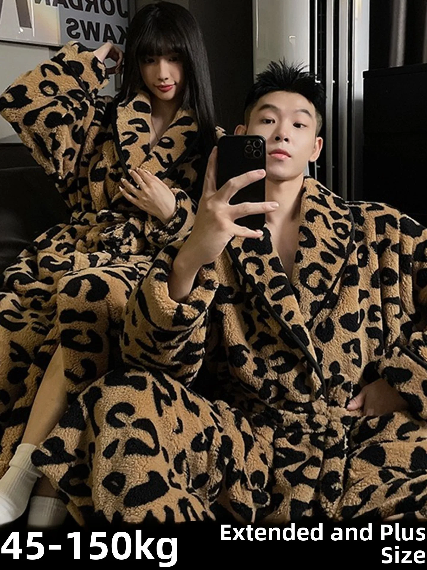 plus Size 300 Pounds Men's Leopard Print Sleep Robe Thickened Coral Fleece Pajamas Couples Hotel Bathrobe Luxury Home Clothes
