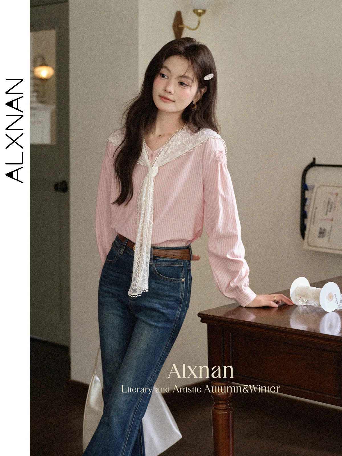 

ALXNAN Plus Size Pink Striped Shirt 2026 Spring Cotton Long Sleeve Shawl Office Lady Blouses Loose Fit V-neck Tops Female D12719