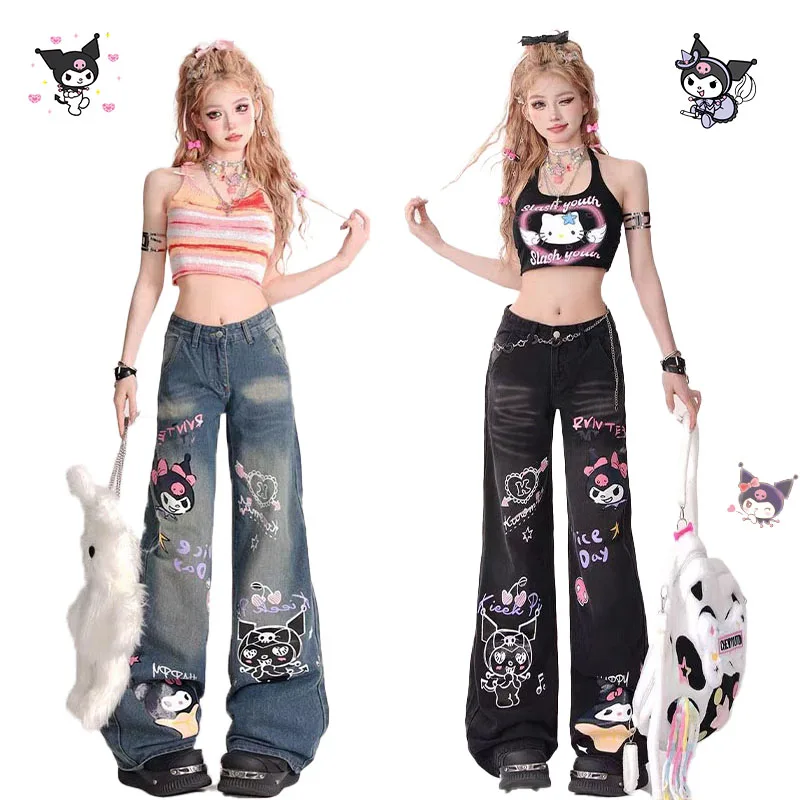 

Sanrios Kuromi Women's Loose Straight Pants Cartoon Graffiti Jeans Kt Female Fashion High Waist Wide Leg Pants Y2K Girl Trousers