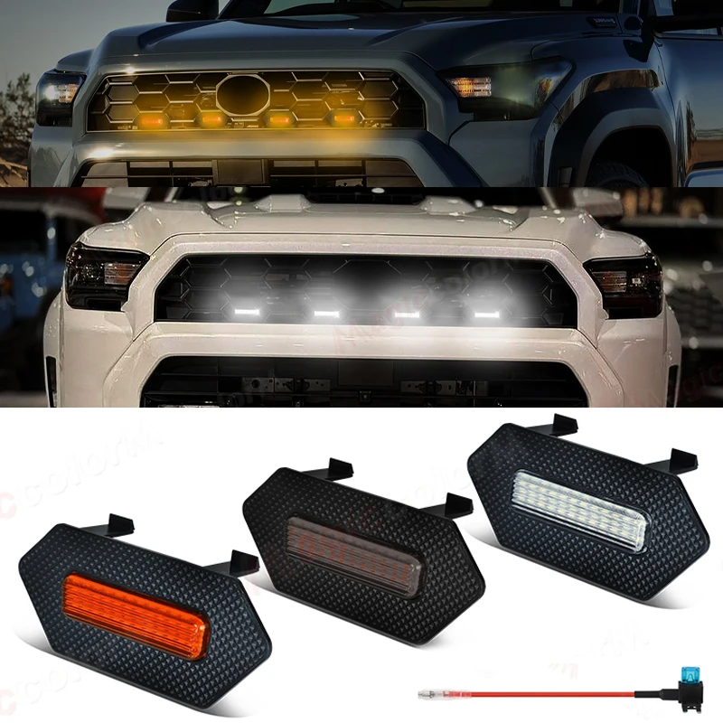 For 2025 Toyota 4Runner TRD Pro Car Front Grille Lights Front Grille LED Warning Lamps Daytime Running Lights White Amber Smoked