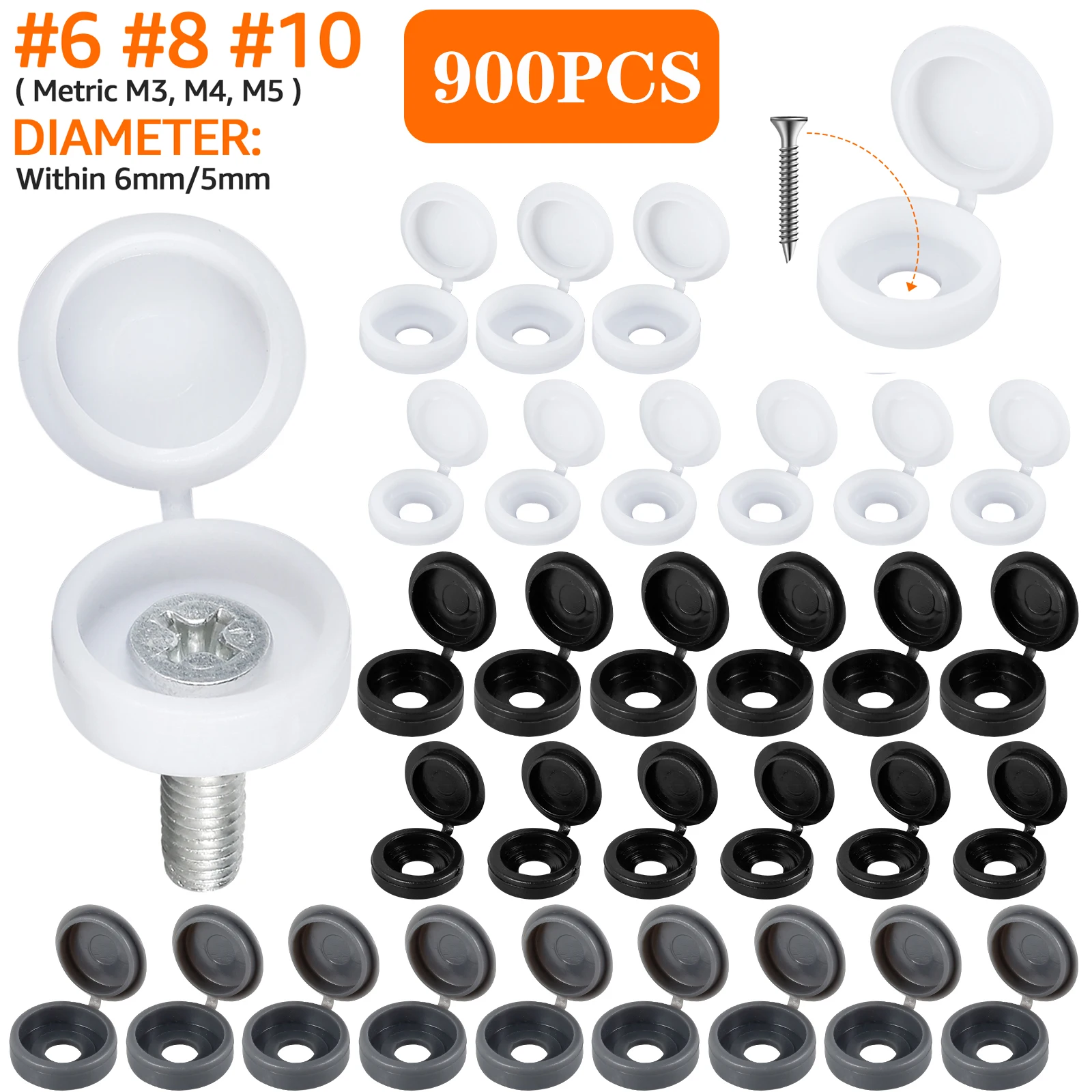 900Pcs Hinged Screw Cover Caps M3 M4 M5 Fold Snap Nuts Protective Cover Reusable Screw Head Protection Flip Top Set Waterproof