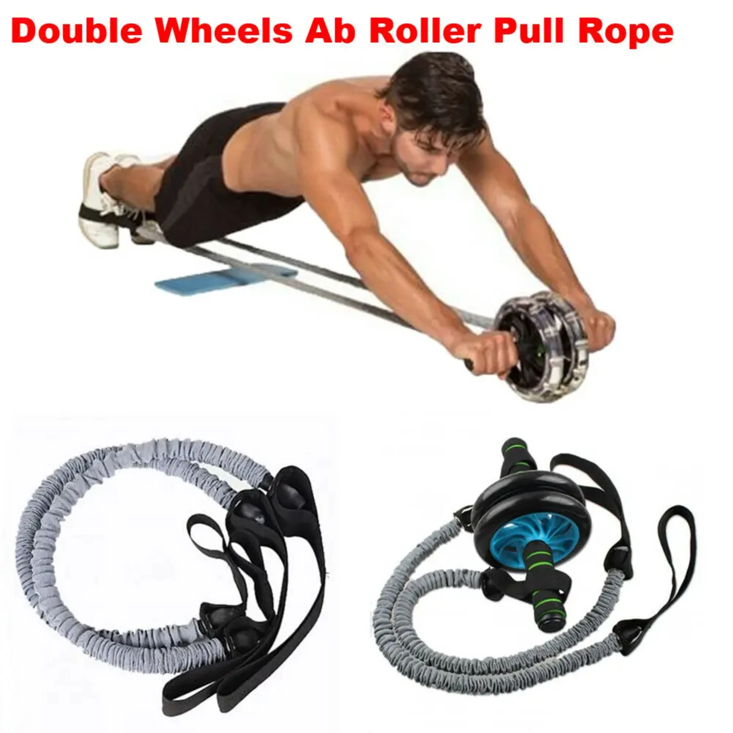 

2PC Waist Abdominal Slimming Equipment Double Wheels Ab Roller Stretch Trainer Resistance Exercise Fitness Elastic Pull Rope