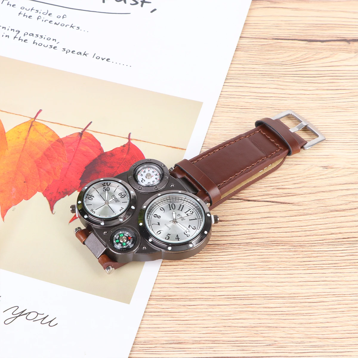 

Temperature Compass Watch for Men Outdoor Hiking Thermometer Quartz Watch Band Multi-Dial Sports Travel