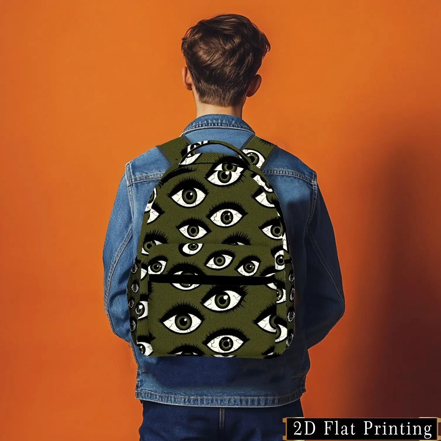 1pc 2D Print Pattern Student Backpack Green Background Black Eye Print Bag with Zipper Hand Washable Fashionable
