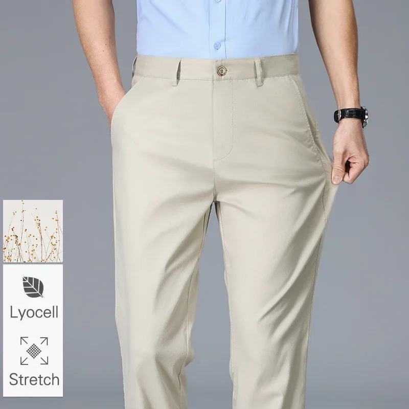 

Men's Business Pants Lyocell Summer Thin Linen Fabric Brand Breathable Fashion Slim Straight Casual Trousers Male Brand Clothing