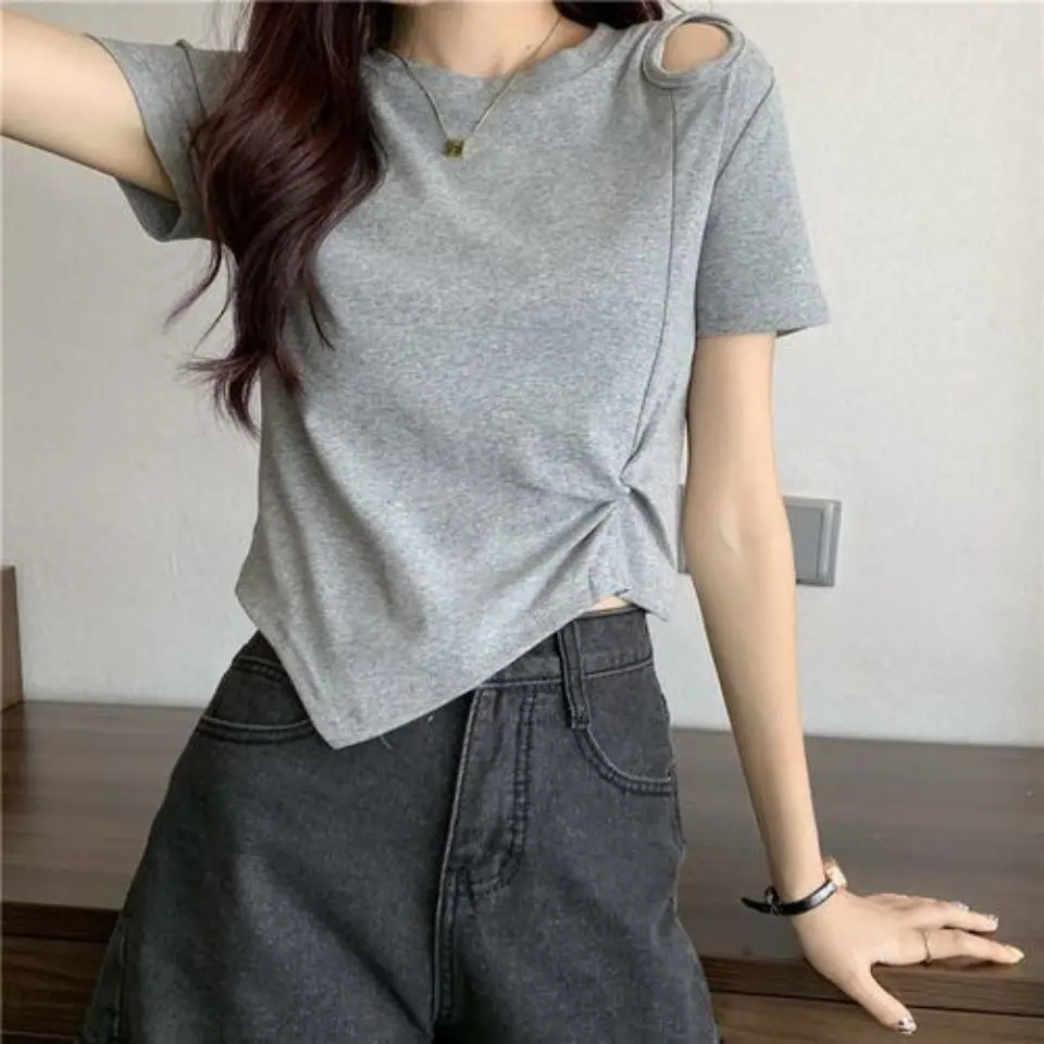 New Summer Fashion Y2K T-shirt Woman Hollow Out Sexy Crop Top High Waist Short Sleeve Tee Shirt Women Pleated Clothes Kpop