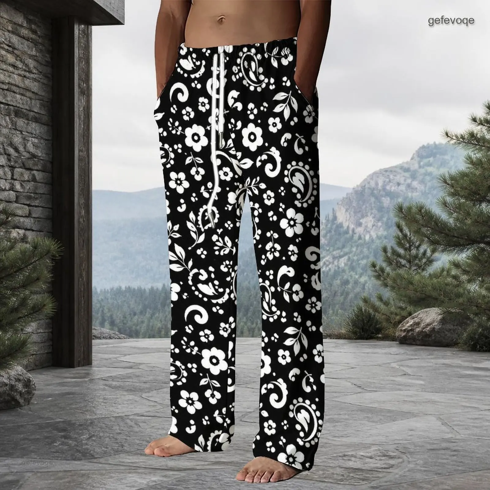 Men Black White Floral Paisley Swirl Printed Drawstring Waist Full Length Straight Long Pants