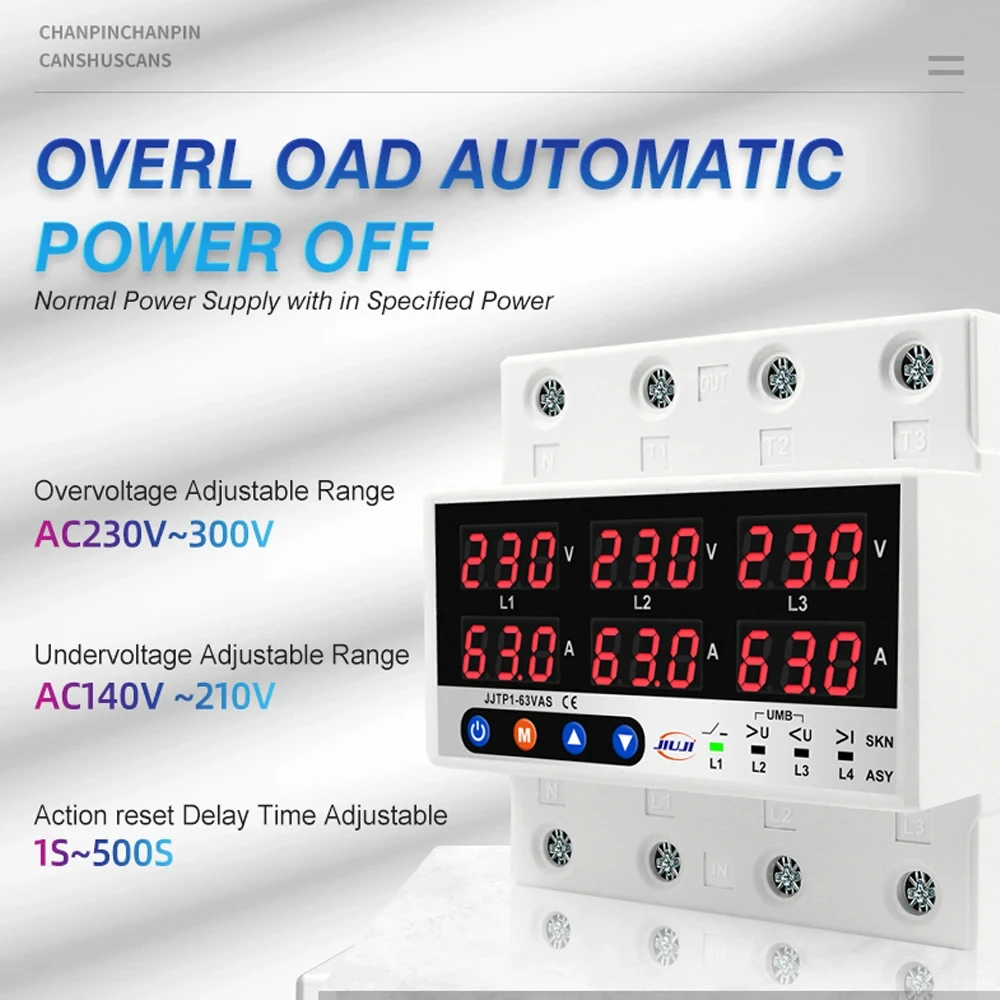 Three Phase Voltage Current Protector Voltage Relay Adjust Current Overvoltage with Auto Power Off and Automatic Reset Function