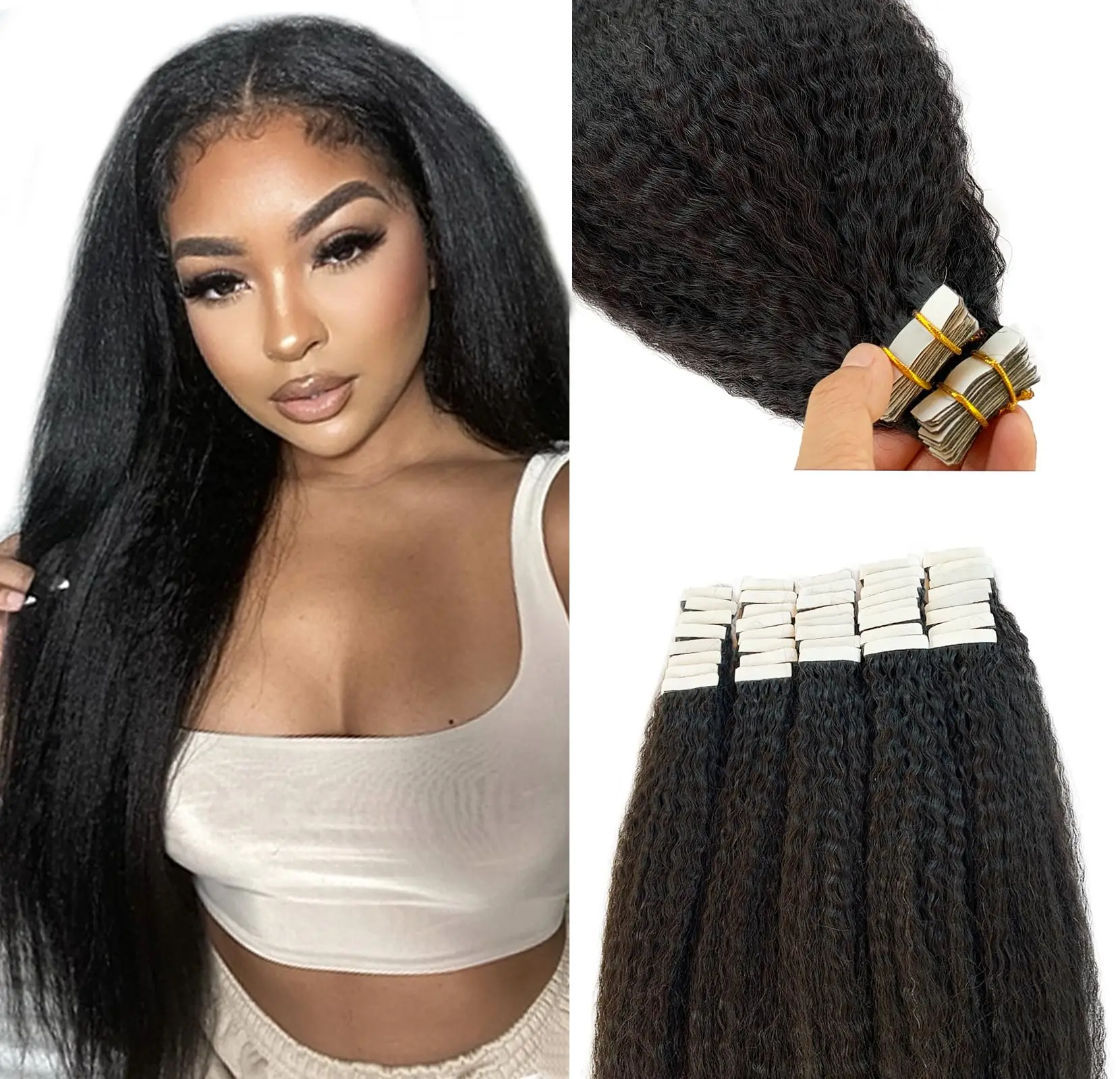 Tape in Hair Extensions Human Hair 20 Inch Kinky Straight Real Hair Extensions Tape ins Double Sided Kinky Straight Tape