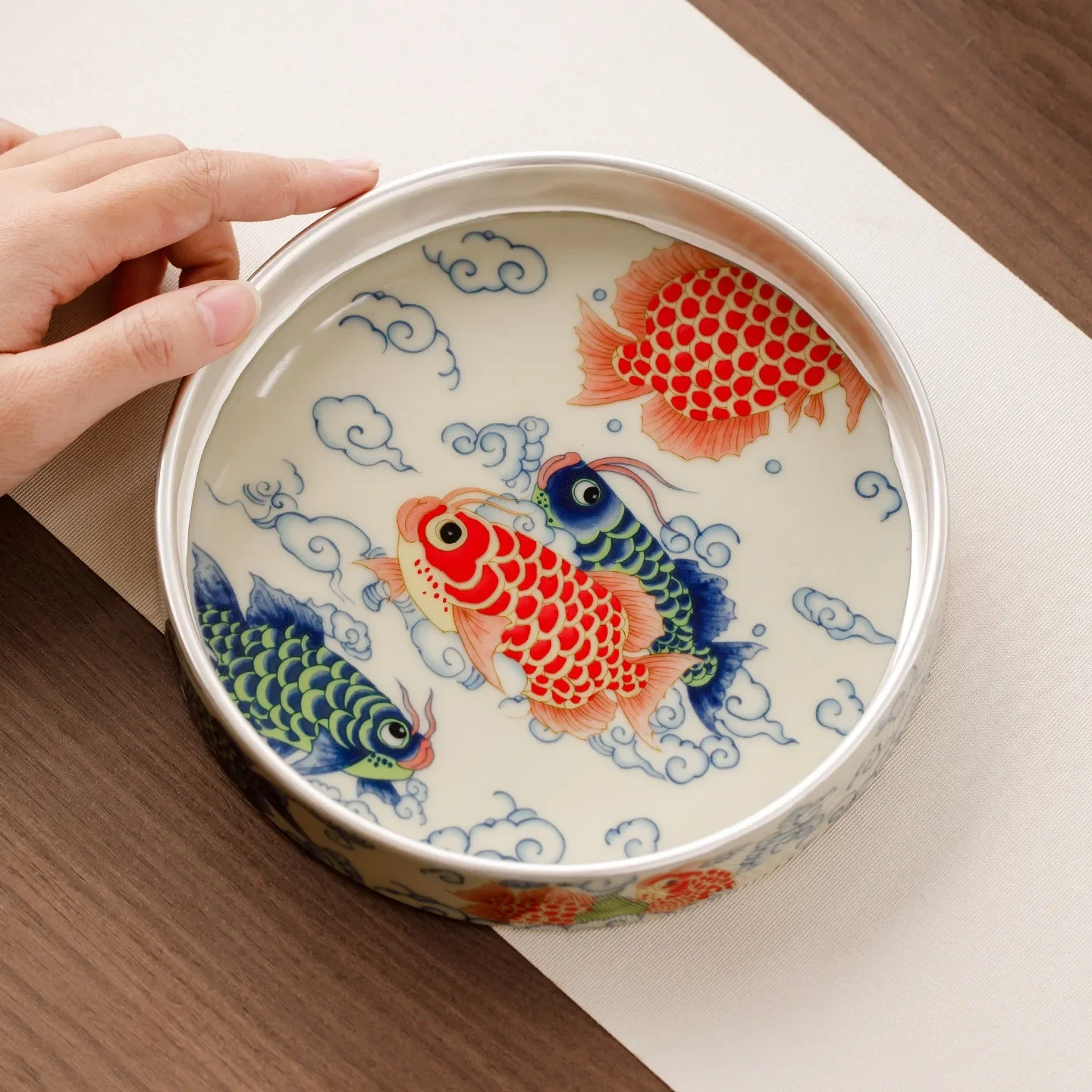 Hand-plated 999 Silver Cloud Carp Changle Pot Bearing Teacup Pad TeaSet Accessories Premium Dry Brewing Tray Refreshment TeaTray