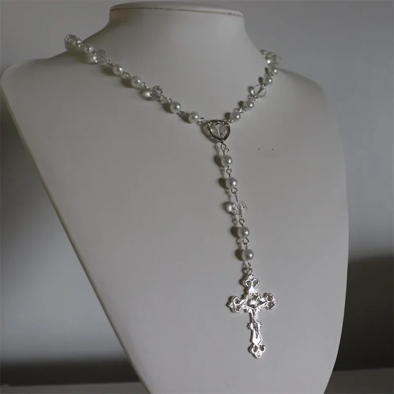 Victoria Handmade Pearl Necklace  Imitation White Crystal Beads Pearl Rosary Style Long Necklace Adjustable Gothic Cross