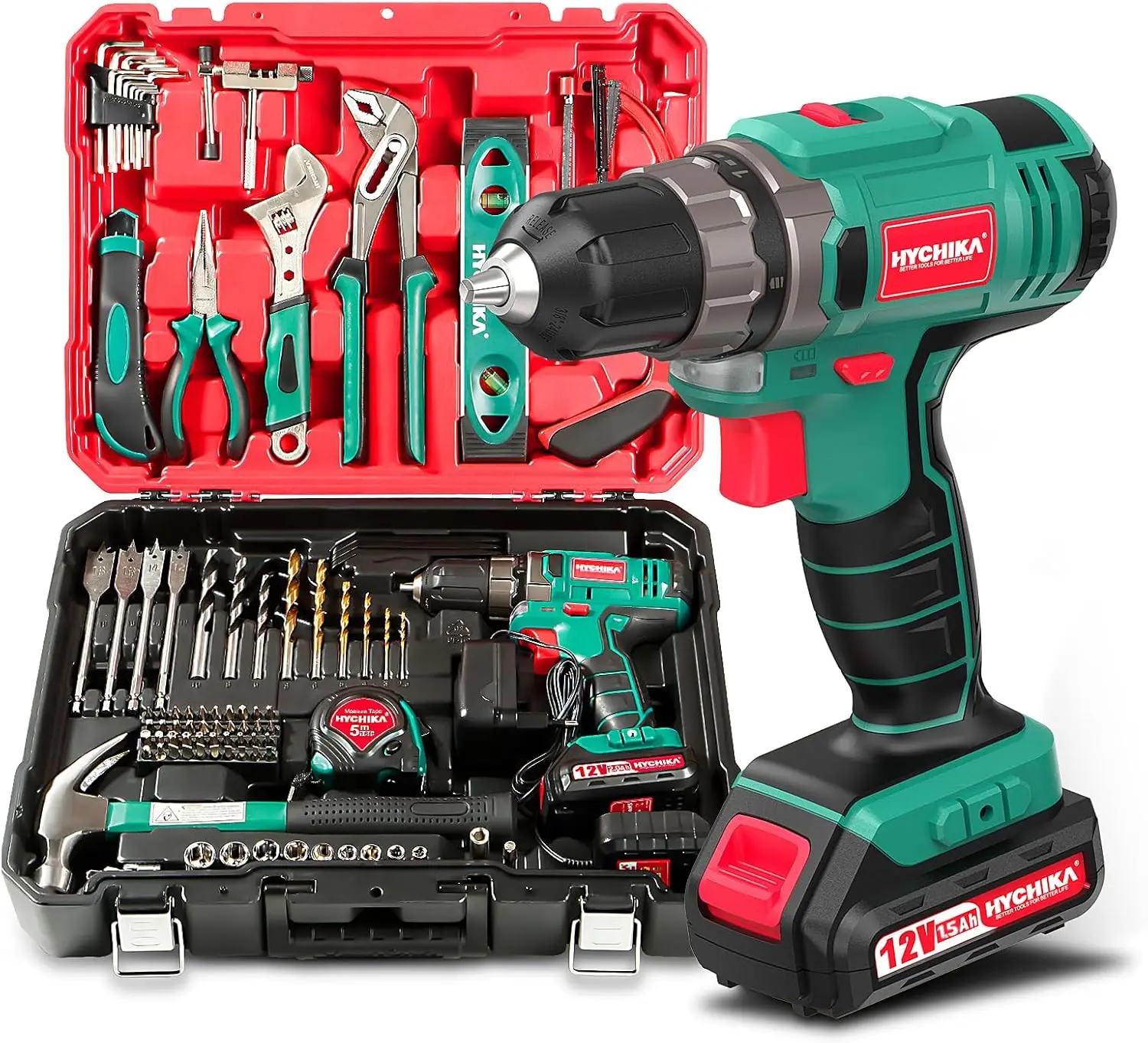 Atornillador 12V, HYCHIKA Kit de Herramientas de Bricolaje con Taladro a Batería de 104 Piezas, Atornillador Eléctrico de 1,5Ah, 30N.m Torque M