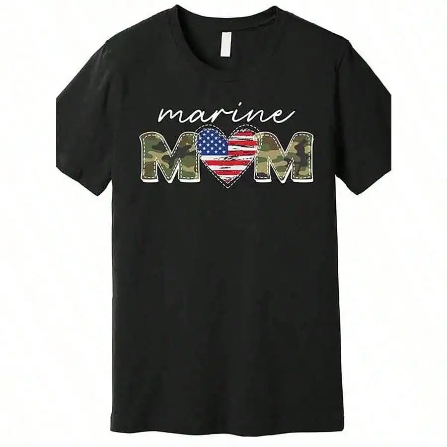 

Cute Camouflage Marine Mom American Flag Heart Premium T-Shirt Funny Men'S Short Sleeve Graphic T-Shirt Collection Black AA