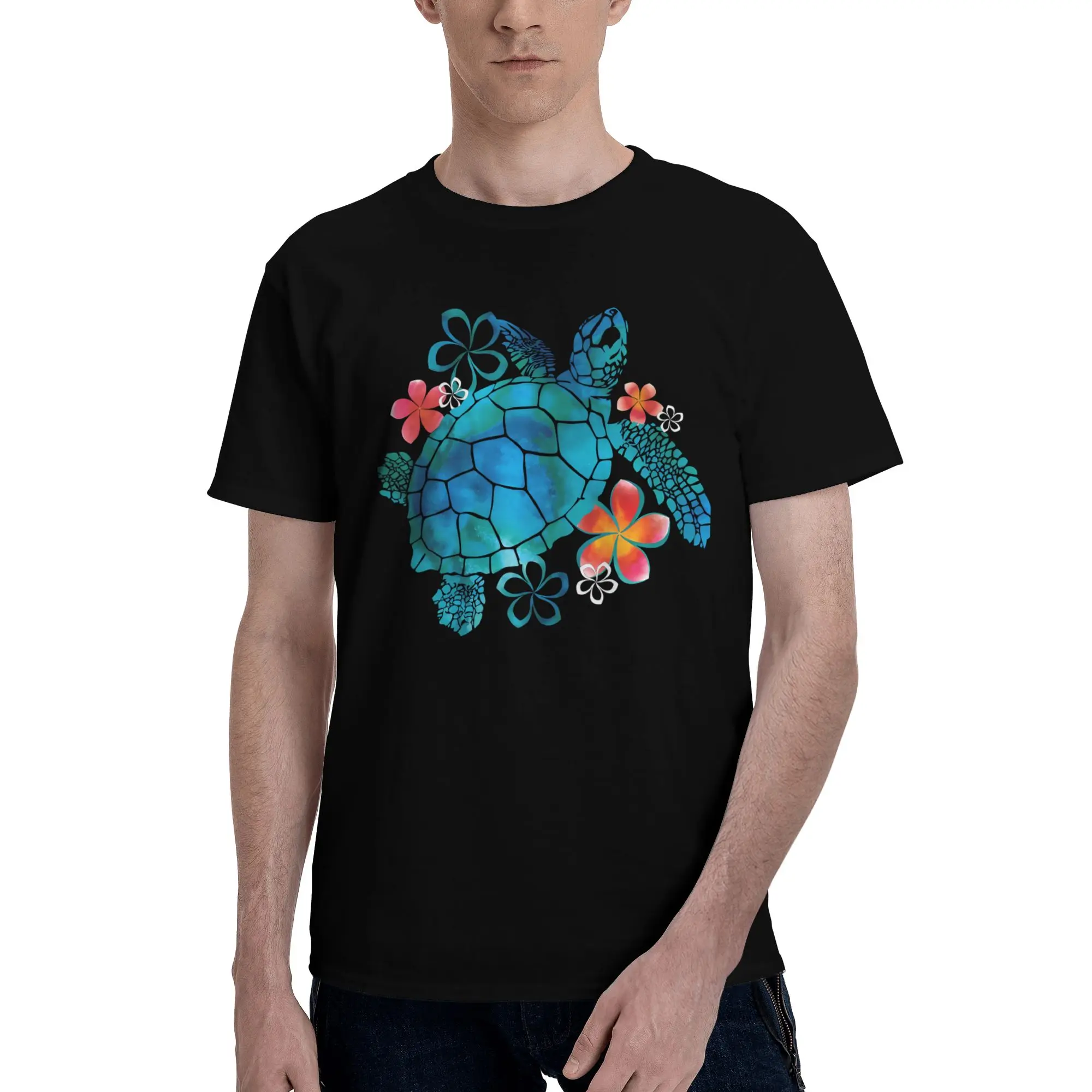 Sea Turtle with Flowers Fitness Reversible T-shirt Urban Commuting Tee