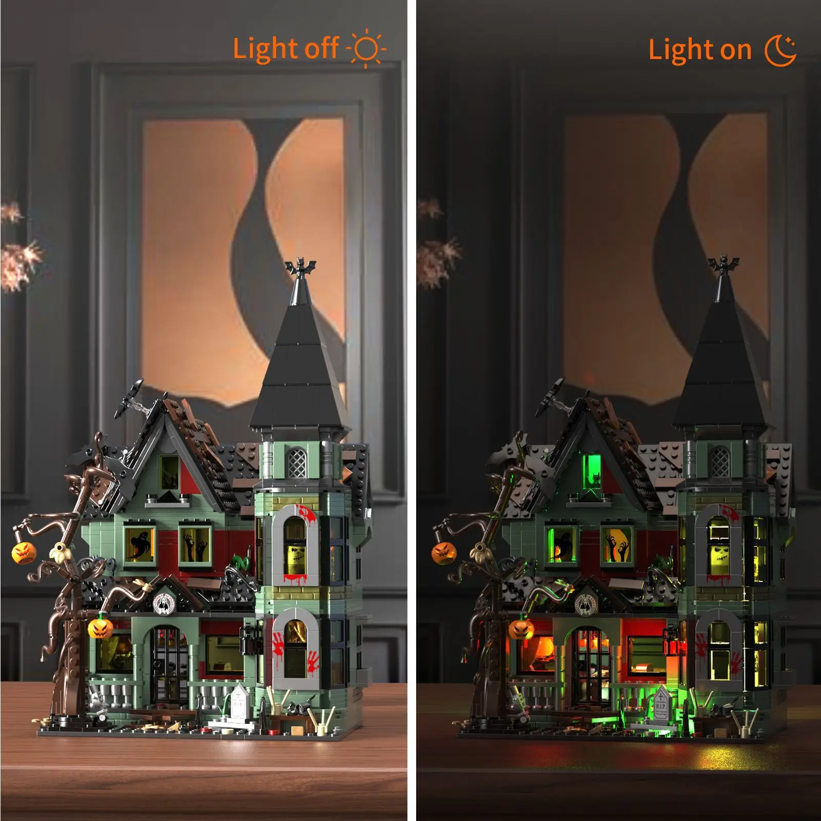 MOC-Juego de bloques de construcción de Casa Haunts para Halloween, Festival, atmósfera de Terror, casa, arquitectura, modelo, rompecabezas para niños, juguetes, regalo de cumpleaños