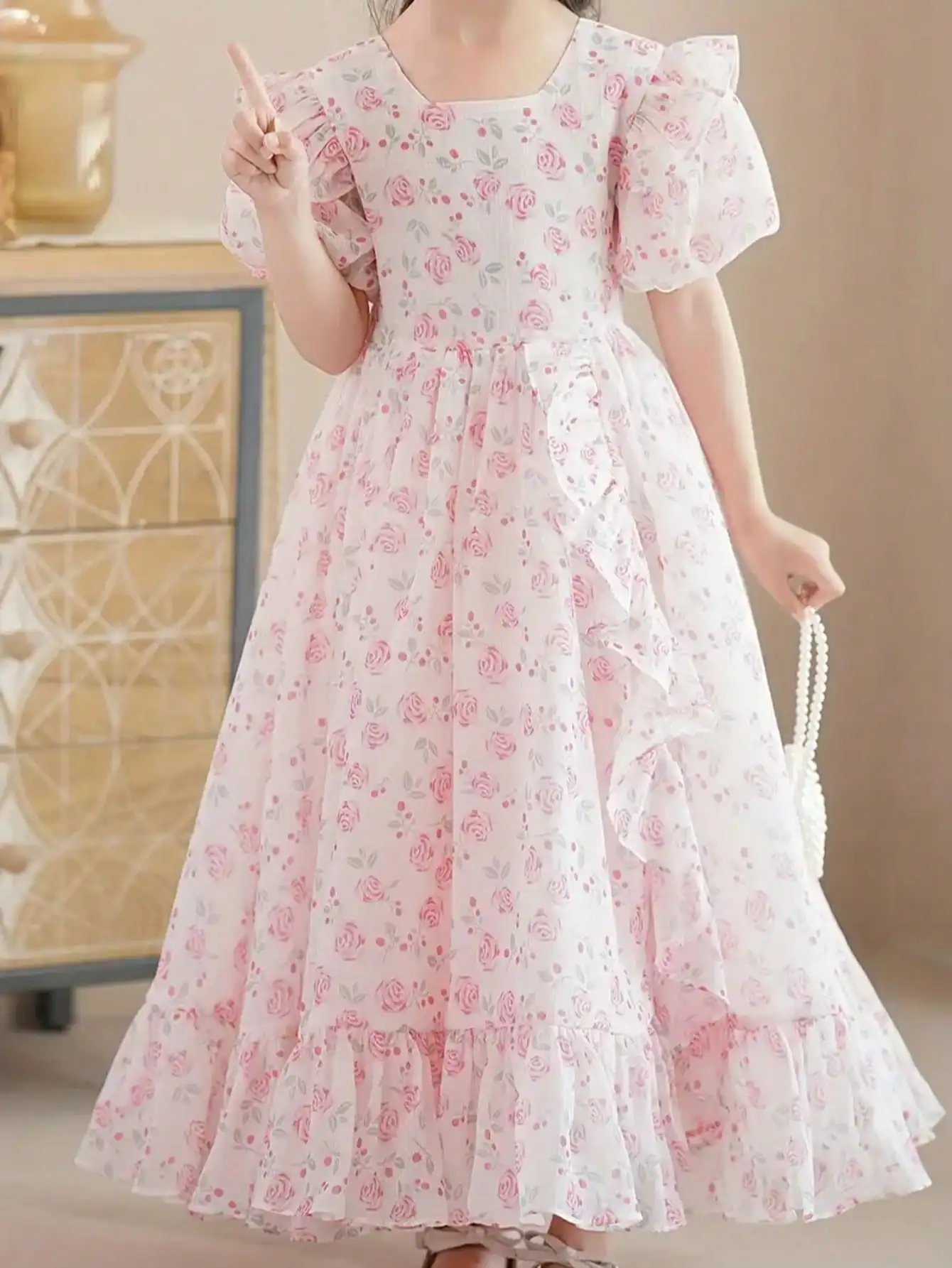 2026 casual girl floral pattern bubble sleeve square collar ruffle decoration dress, sweet and cute for summer vacation outdoors