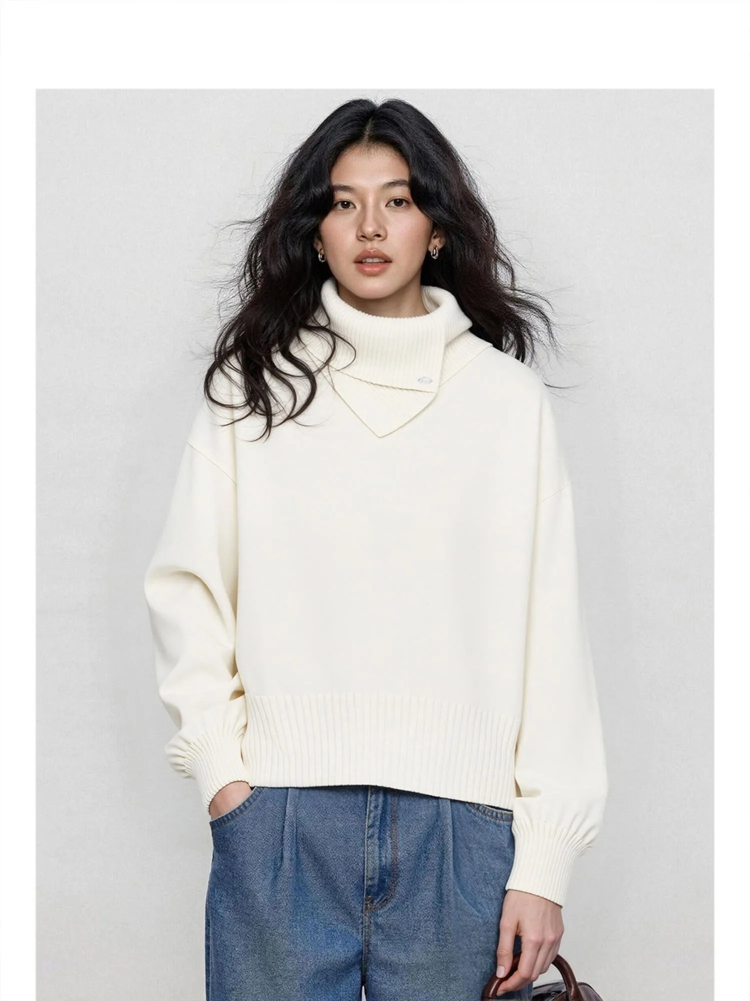 Forever 2 White High Collar Loose Women's Knitwear Casual Sle Autumn Winter Design Inner Wear Comfortable Fit A-Line Sve