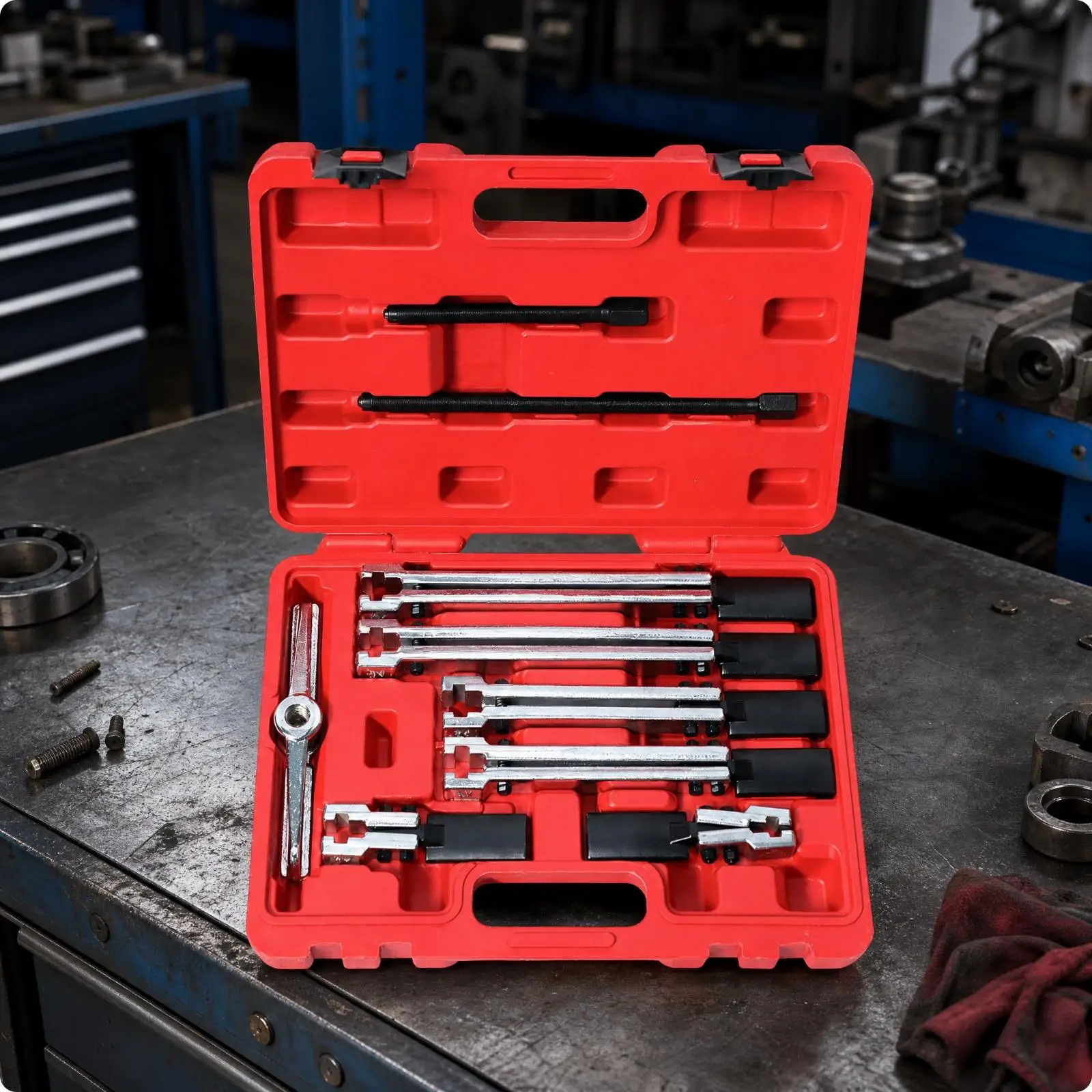 Bearing Puller Set with Chrome Plated Components and Movable Arms for Pulling Bearings from Motor Shafts
