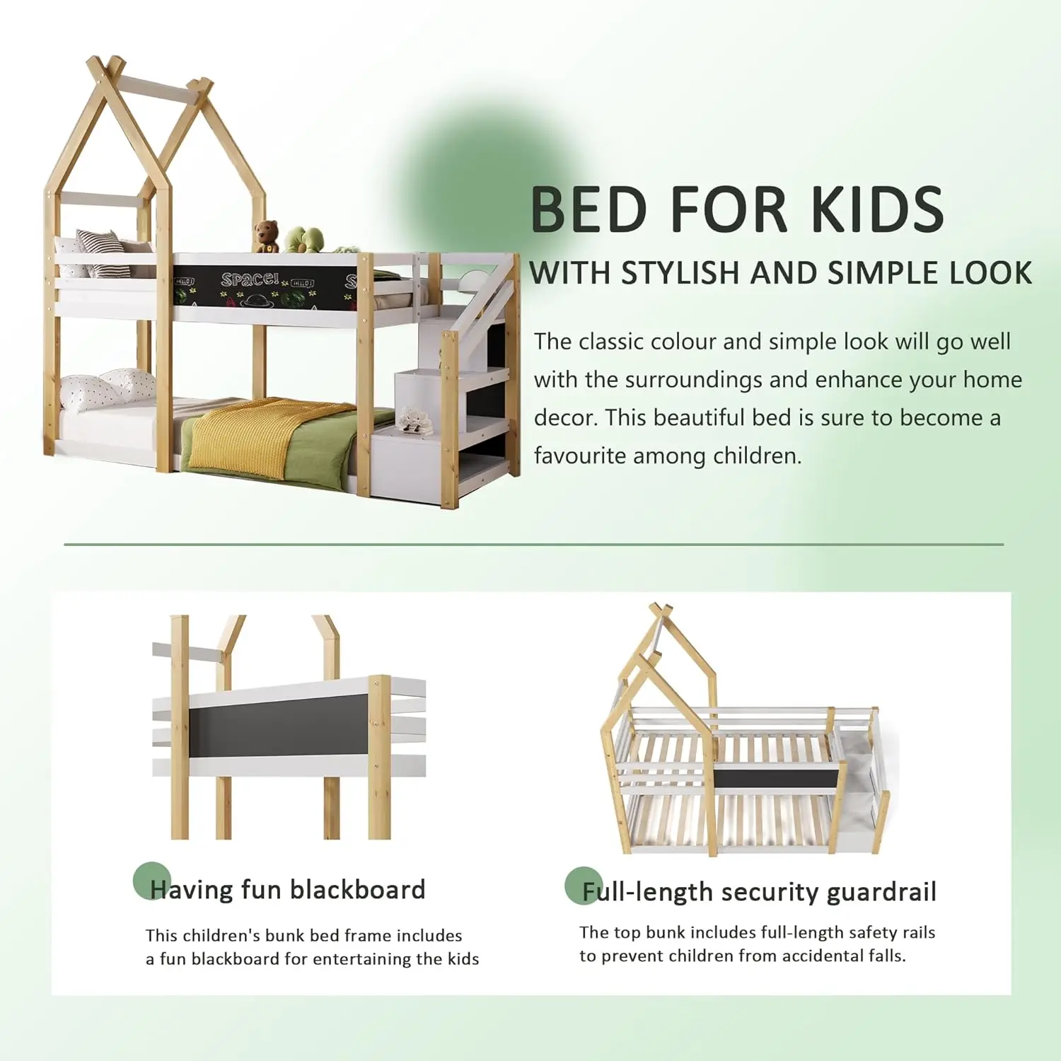 Twin Over Twin House Bunk Bed Frames With Storage Staircase And Blackboard For Teens, Girls Or Boys