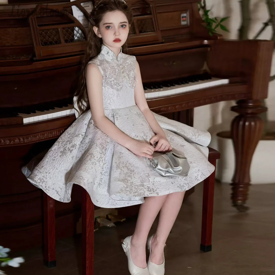 Abito da damigella a trapezio floreale ricamato con collo semi-alto per bambina, vestito da cerimonia per matrimonio