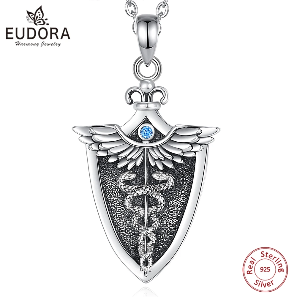 

Eudora Original 925 Sterling Silver Caduceus Necklace Double Snake Wing Pendant Medical Symbol Jewelry for Men Women Gift