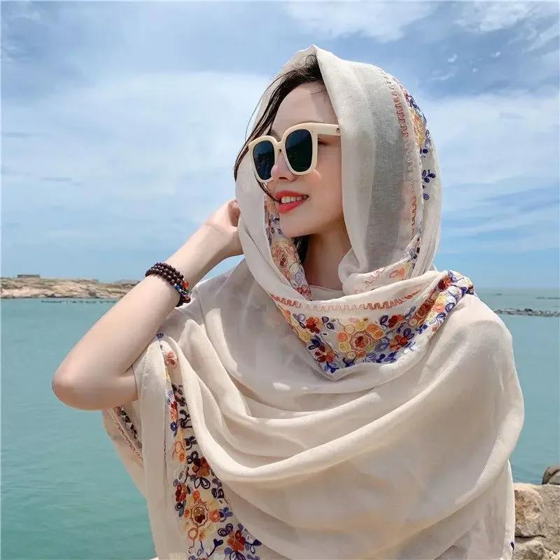 

Ethnic Style Embroidery Women Scarf Floral Embroidery Female Foulard Spring Summer Thin Shawls Wraps Headscarf Stoles YC788