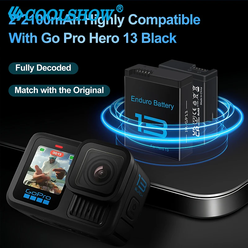 Caricabatteria da 2100 mAh per GoPro Hero13 Nero per Go pro Hero 13 Batterie Accessori per fotocamere sportive Caricabatteria