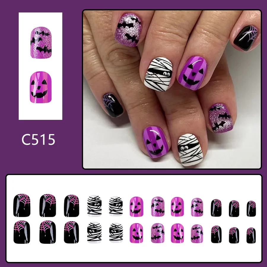 Envolturas de uñas para Halloween, 24 piezas, acabado brillante con lindos fantasmas, murciélagos, telarañas y detalles de purpurina para manicura festiva escalofriante