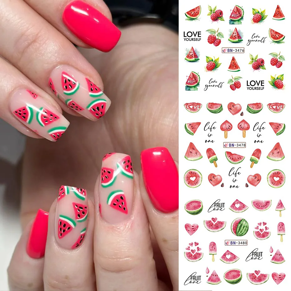12 disegni di fragole per nail art decalcomanie per il trasferimento dell'acqua serie di frutta rosa rossa cursore autoadesivo decorazione per manicure decorazione per unghie fai da te