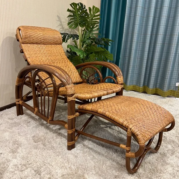 Wide and enlarged rattan skin recliner] Natural rattan skin hand-woven! Backrest three-gear adjustment