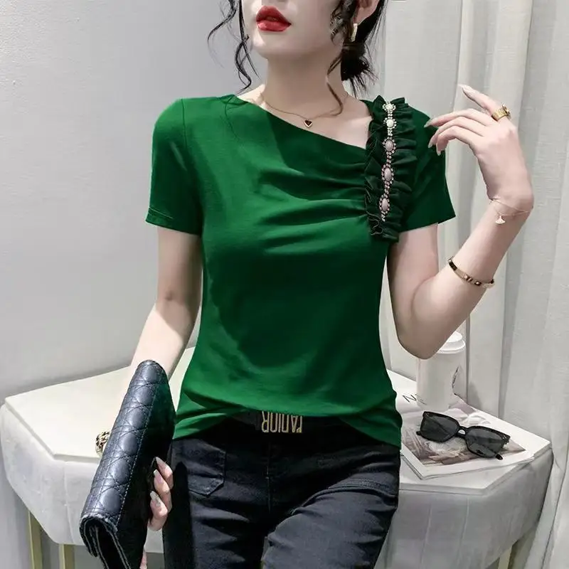 Elegant V-Neck Short Sleeve Beading Blouse 2025 Summer New Korean Pullovers Tops Solid Color Office Lady Shirt
